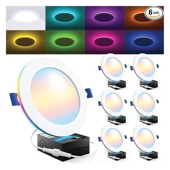 Sunco 6 Pack 6 Inch Smart Ultra Thin LED Recessed Ceiling Lights with Night Light, Tunable CCT 2700K to 6000K, Dimmable, 15W, Smooth Trim, Canless with Junction Box