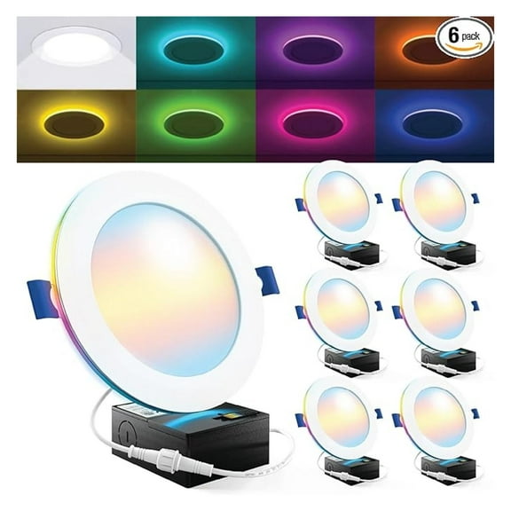 Sunco 6 Pack 6 Inch Smart Ultra Thin LED Recessed Ceiling Lights with Night Light, Tunable CCT 2700K to 6000K, Dimmable, 15W, Smooth Trim, Canless with Junction Box