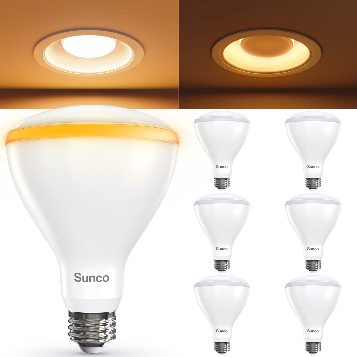 Sunco 6 Pack BR30 Night Light, Sleep Light Bulb, Blue Light Blocking for Lamp, Bedroom, Mood Soothing, Nursery, 8.5W=55W, 2CCT 2700K, 2000K, Dimmable, 800 LM (80 LM Night Light), E26 Medium Base UL