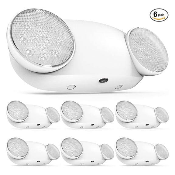 Sunco 6 Pack Emergency Light Outdoor LED, Backup Battery, Two Adjustable Bug Eye Head Lights, 94V-0 Fire Resistant, 6500K, 200 Lumens 120-277V, 2W, Wall Mount, White UL.