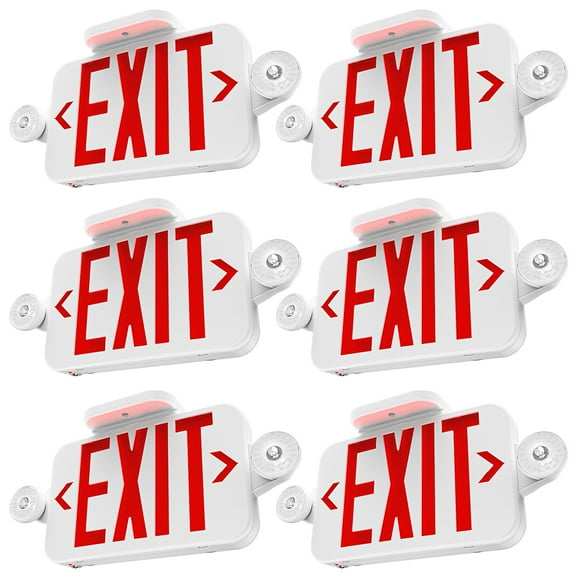Sunco 6 Pack LED Exit Sign With Emergency Lights, Red, Two Mini Adjustable Lights, 94V-0 Fire Resistant, Backup Battery, 2.3W 6000K Daylight Deluxe, 200 Lumens 120-277V, Wall Or Ceiling Mount UL.
