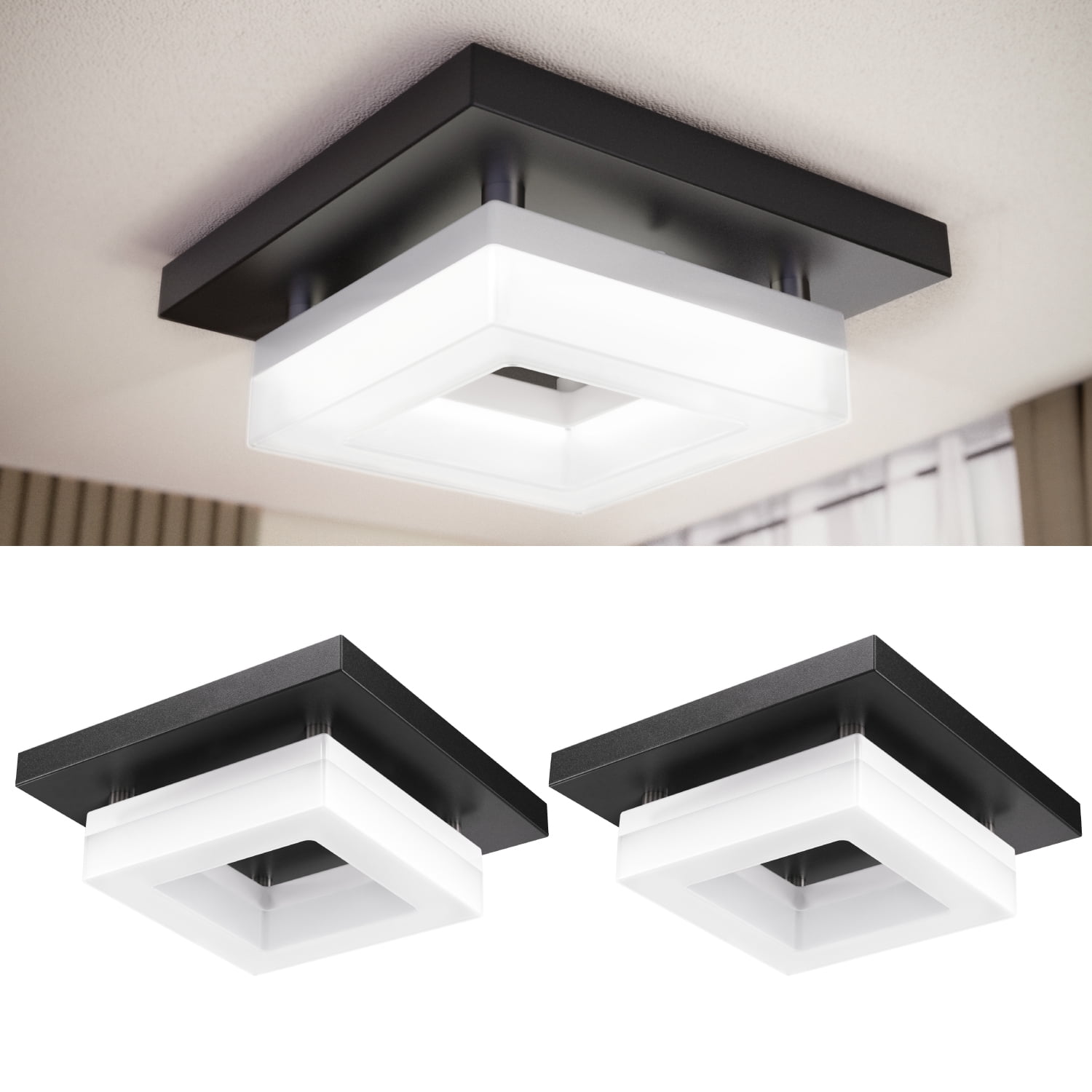 Sunco 8 Inch Square LED Flush Mount Black Ceiling Light Fixture 3000K/4000K/4500K/5000K/6500K Selectable CCT Switch, 1800LM High Brightness Damp Rated 2 Pack