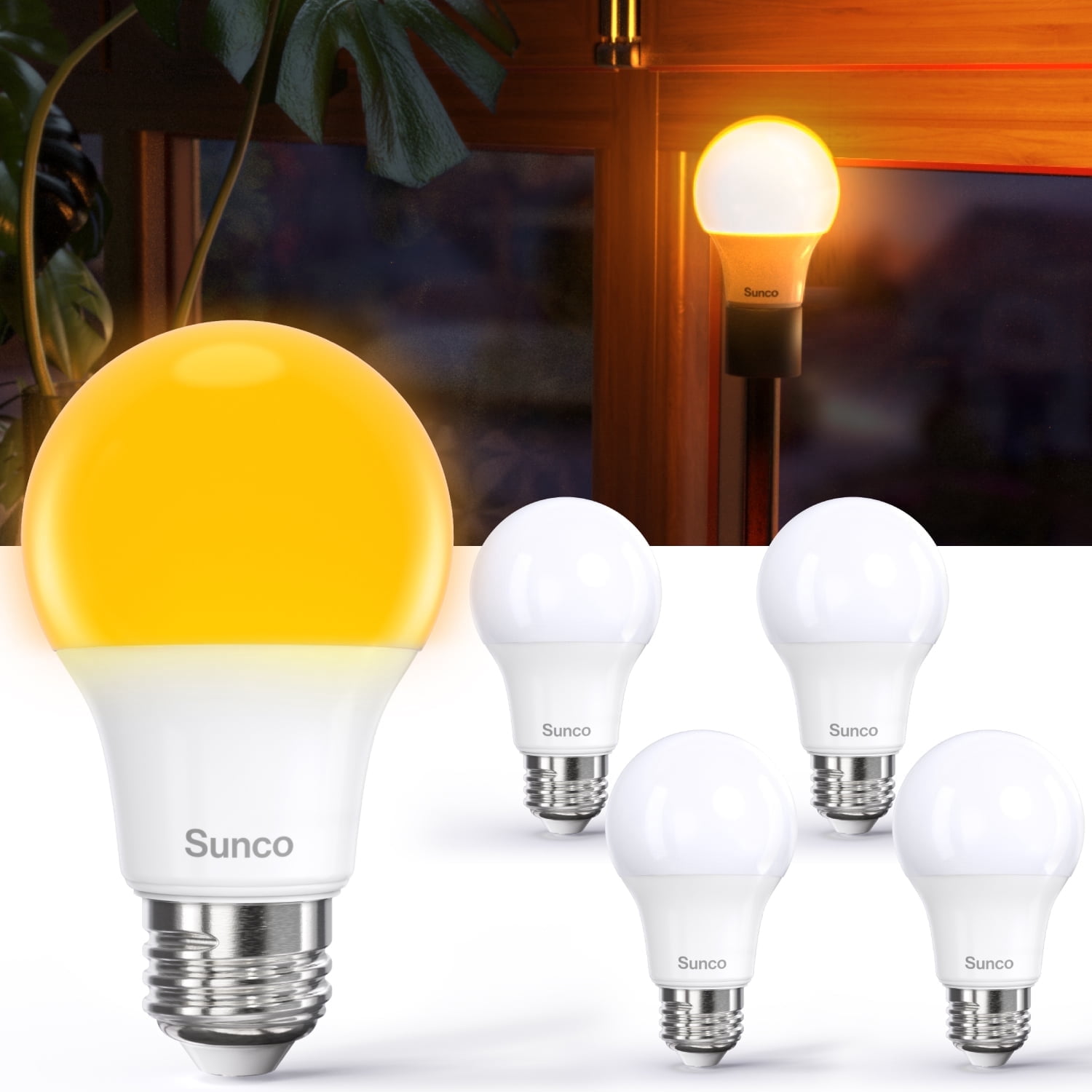 Sunco A19 LED Amber Light Bulb, E26 LED Bulb 60 Watt, Lights for Bedroom, Lamps, Living Room, 9W=60W, 1800K Amber Glow, Dimmable, 800 LM, E26 Medium Base, Instant On, Flicker Free, ETL, 4 Pack