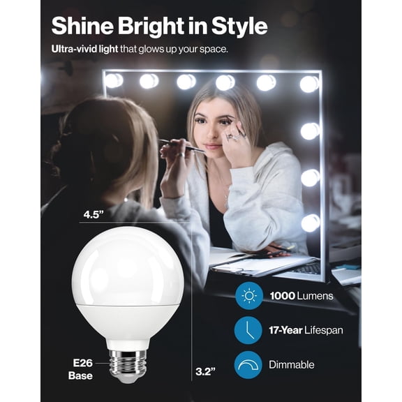 Sunco G25 LED Light Bulbs, Globe Vanity Lights for Bathroom High Output, 1000 LM, 11W (100W Equivalent), 5000K Daylight, Dimmable, E26 Base, Round Frosted Decorative Bulb UL 4 Pack