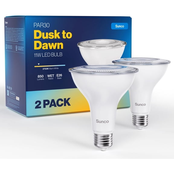 Sunco LED PAR30 Dusk to Dawn Light Bulb for Outside Porch, Patio, Backyard, 11W=75W, 850 LM, 2700K Soft White, Non-Dimmable, Photocell Sensor, UL 2 Pack