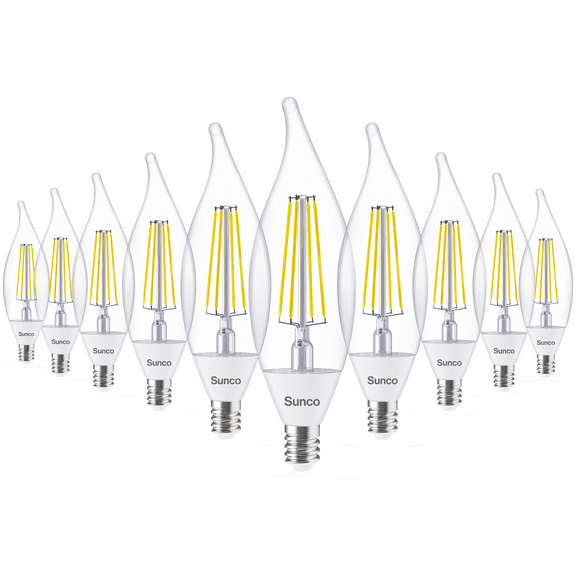 Sunco 10 Pack Dusk to Dawn Candelabra CA11 LED Light Bulb Outdoor, 5W Equivalent 40W, CRI90 3000K Warm White, Candle Flame Tip, Photocell Sensor, Decorative Filament, 500 Lumens, E12 Base UL