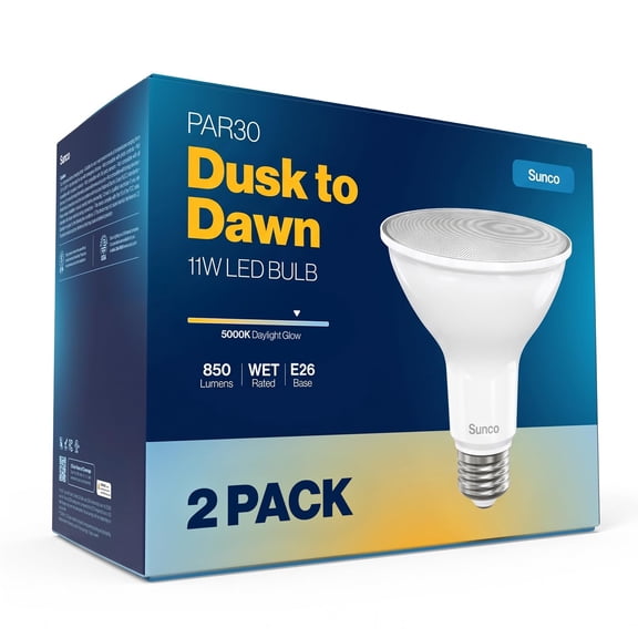 Sunco 2 Pack PAR30 LED Bulbs, Dusk to Dawn Flood Light, 11W, Non-Dimmable
