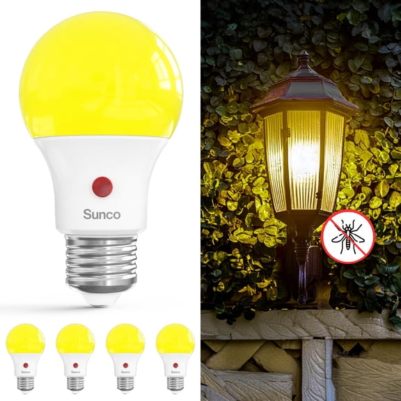 Sunco 4 Pack A19 LED Light Bulb, Dusk to Dawn, Bug Light, E26, 2000K Amber Glow