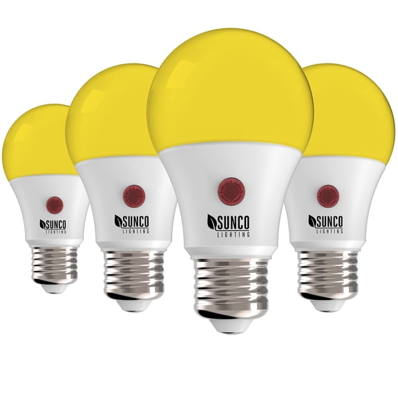 Sunco 4 Pack A19 LED Bulb,Yellow Bug Light, 9W, Auto On/Off, Dusk to Dawn Photocell Sensor, Bug Repellent/Bug Free, 2000K Amber Glow, Damp Location Patio, Deck, Backyard, Porch