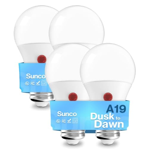 Sunco 4 Pack A19 LED Outdoor Light Bulbs, Dusk to Dawn, 3000K, 9W=60W
