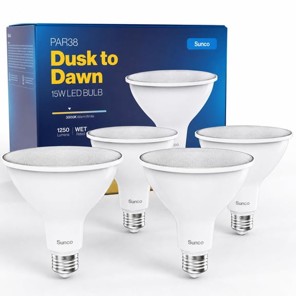 Sunco 4 Pack PAR38 LED Flood Light Bulb, Dusk to Dawn, E26, 15W=120W