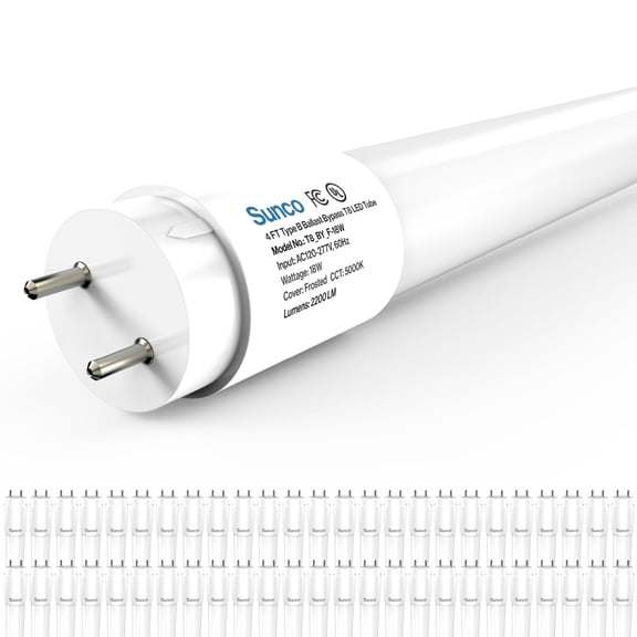 Sunco 50 Pack T8 LED Bulbs 4 Foot, Tube Light Bulbs Ballast Bypass, 48 Inch Fluorescent Replacement, 2200 LM, 18W, 5000K Daylight, Single Ended Power, Type B, Frosted Lens UL
