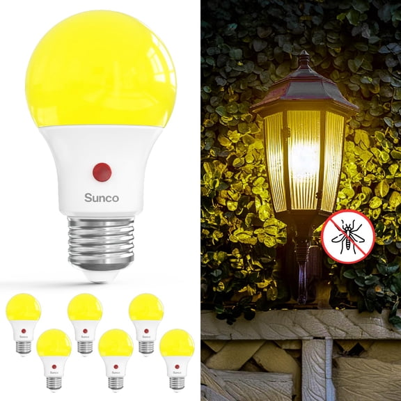 Sunco 6 Pack Yellow Light Bulbs Outdoor A19, LED Bug Lights for Outside Dusk to Dawn, 480 LM, 9W, 2000K Amber Glow, Auto On/Off Photocell Sensor, E26 Base, for Porch Patio Deck Backyard UL