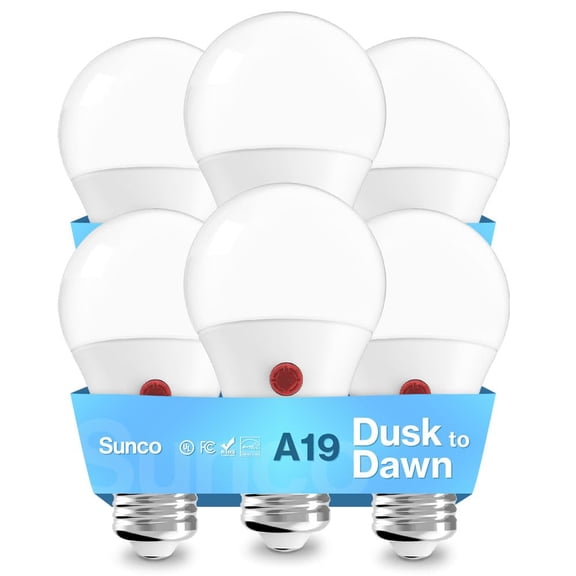 Sunco 6 Pack Dusk to Dawn LED Outdoor Light Bulb A19, Photocell Automatic for Exterior Lighting, 800 LM, 9W (60W Eqv.), 6000K Daylight Deluxe, Auto On/Off Sensor, IP65 Rated UL