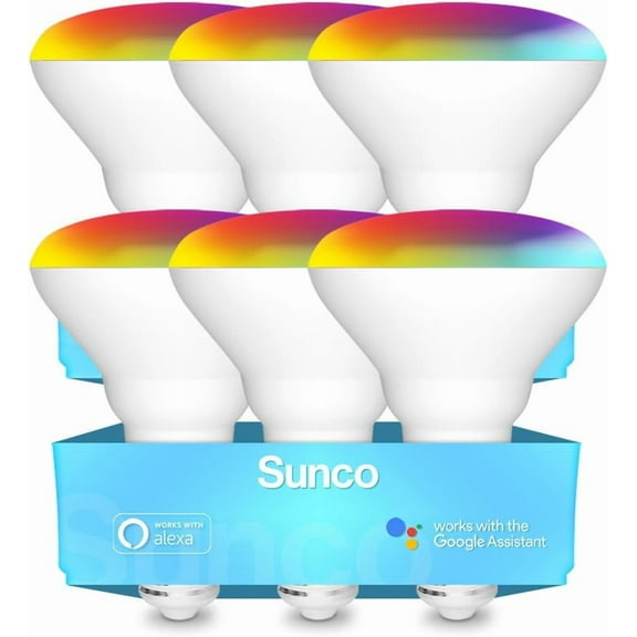 Sunco Lighting 6 Pack WiFi LED Smart Bulb, BR30, 8W, Color Changing (RGB & CCT), Dimmable, 650 LM - No Hub Required