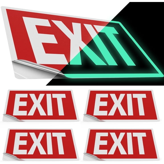 Sunco Photoluminescent Exit Signs, Glow In The Dark Emergency Sign, Non-Electrical, Adhesive Backing, Fade Resistant, Waterproof, Tear Resistant, Up to 50FT Visibility 4 Pack