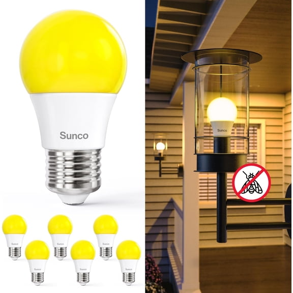 Sunco YANTON Bug Light Bulbs Outdoor A15 Yellow Bug Repellent Porch Light 8W Dimmable 2000K Amber Glow, E26 Medium Base, IYANTONtant On, Flicker Free, UL Listed 6 Pack.