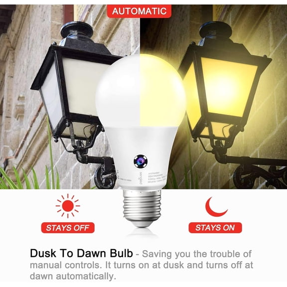 Sunco Yellow Light Bulbs Outdoor A19, LED Bug Lights for Outside Dusk to Dawn, 480 LM, 9W, 2000K Amber Glow, Auto On/Off Photocell Sensor, E26 Base, for Porch Patio Deck Backyard UL 4 Pack.
