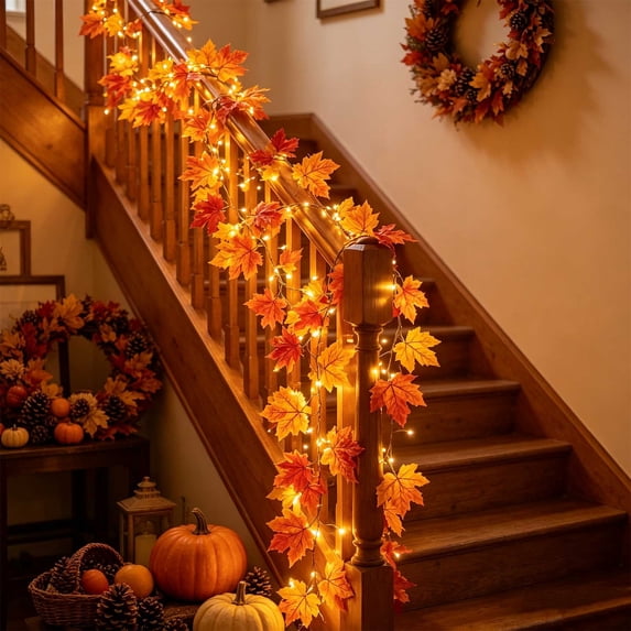 Suncoda 6.6 ft Garland with Lights, Maple Rattan Vines Fall Decor, Garland for Mantle Fireplace Tabletop Stair Thanksgiving Halloween Decorations