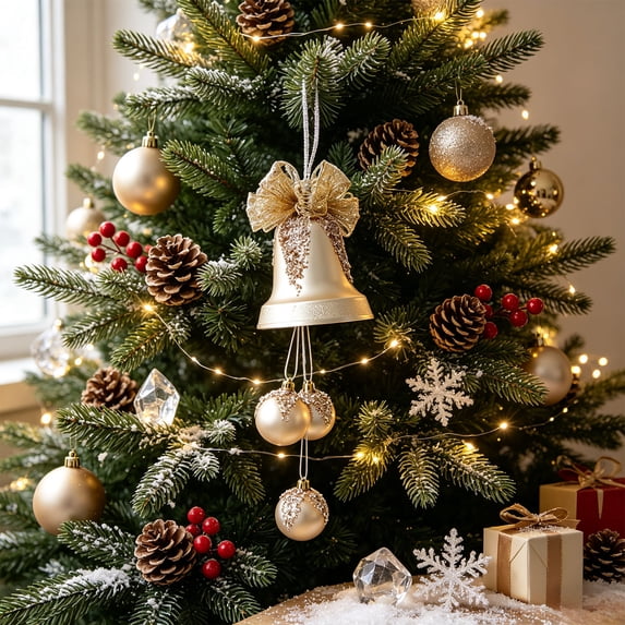 Suncoda Christmas Decorations, Champagne Gold Bell Xmas Ornament with Bow, Christmas Tree Decorations Hanging for Mantel Window Display
