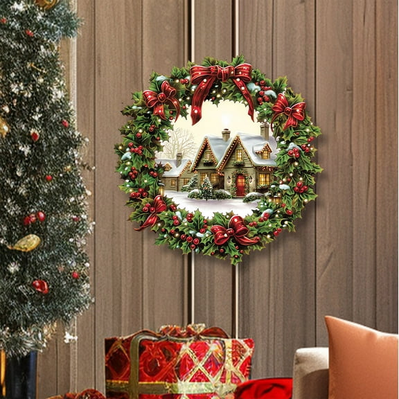 Suncoda Christmas Wreath, Christmas Garland Snow House Living Room Glass Window Holiday Scene Decorative Wall Stickers, Christmas Ornament