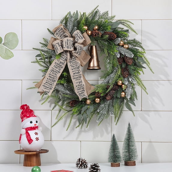 Suncoda Christmas Wreath, Christmas Pinecone Pines Needle Retro Bell Simulation Flower Wreath Bohemian Style Rattan Flower Wreath Door Hanging, Christmas Ornament
