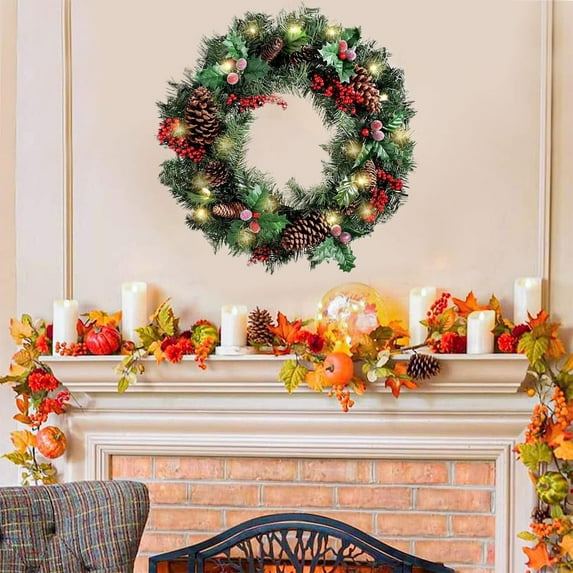 Suncoda Christmas Wreath, Christmas Wreath,Pre-Lit Artificial Christmas Wreaths for Front Door Decorated with Cones, Red Berries, Frosted Branches, 20Led Lights for Indoor Outdoor, Christmas Ornament
