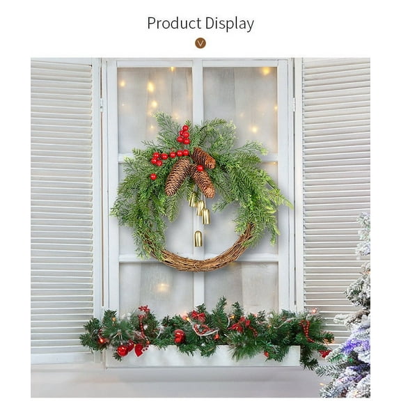 Suncoda Christmas Wreath, Hristmas Wreaths for Front Door 40cm Artificial Christmas Wreath with Cones Bell Red Berry Leaves Indoor Wreath Christmas Decor Hanging Garland, Christmas Ornament