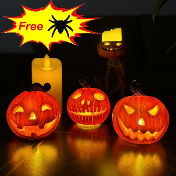 Suncoda Halloween Decorations, 3PCS Cute Halloween Pumpkin Head Candle Holder Festival Desktop Decoration Party Vibes Decoration for Home Party Holiday(Free Plush Spider)