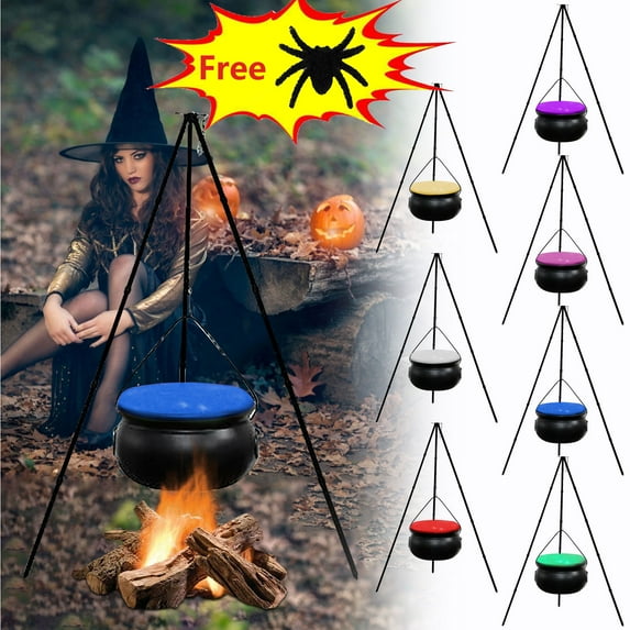 Suncoda Halloween Decorations, Large Cauldron Halloween Decor on Tripod with Timer Lights - Plastic Cauldron Witch Halloween Decorations for Porch Yard Outdoor, Halloween Gifts(Free Spider)