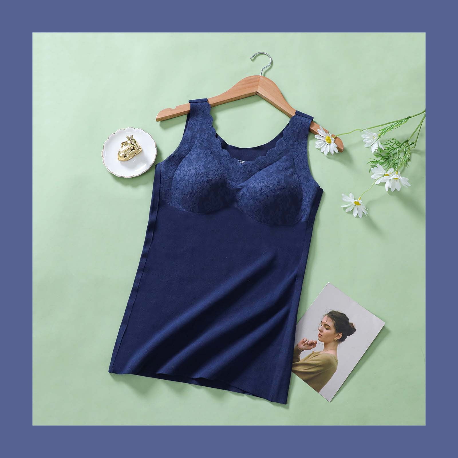 Suncoda Women Shaper Cami with Built in Lace Bra Shapewear Tank Top with Fleece Liner Tummy