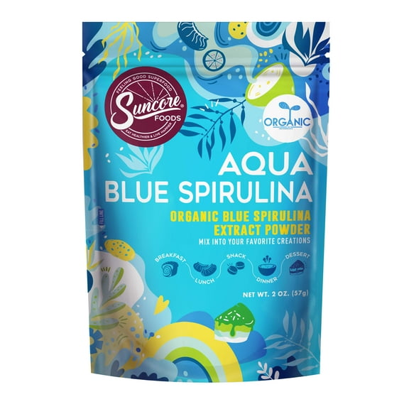 Suncore Foods Organic Gluten-Free Aqua Blue Spirulina Powder, 2oz, Blue Food Coloring Powder