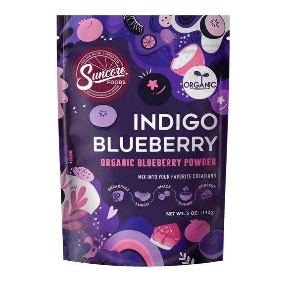 Suncore Foods Organic Gluten-Free Indigo Blueberry Powder, 5oz, Purple Food Coloring Powder