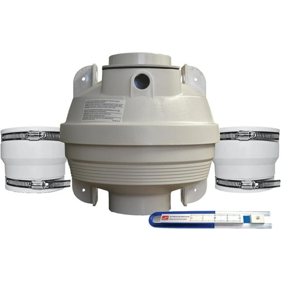 Suncourt Centrax RDK04-3 Radon Fan Mitigation Kit, Indoor and Outdoor Installation, Inline Centrifugal Fan with Rubber Couplers (4 inch x 3 inch) and Air Pressure Indicator, White