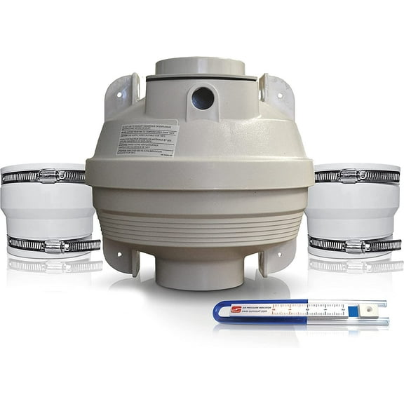 Suncourt Centrax RDK04-3 Radon Fan Mitigation Kit, Indoor and Outdoor Installation, Inline Centrifugal Fan with Rubber Couplers (4 inch x 3 inch) and Air Pressure Indicator, White