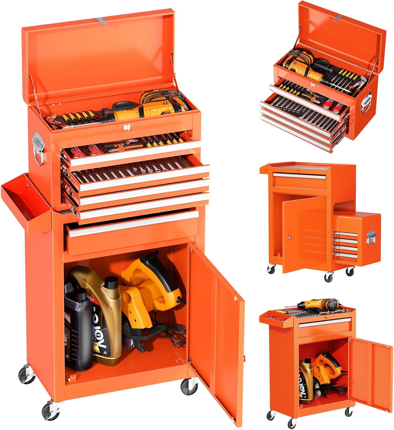 Suncrown 5-Drawer Rolling Tool Storage Cabinet with Detachable Top Tool Box & Organizers, Orange