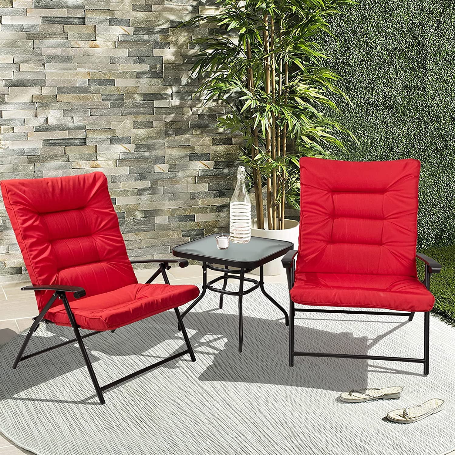 Suncrown Adjustable Black Metal Outdoor Recliner with Red Cushions