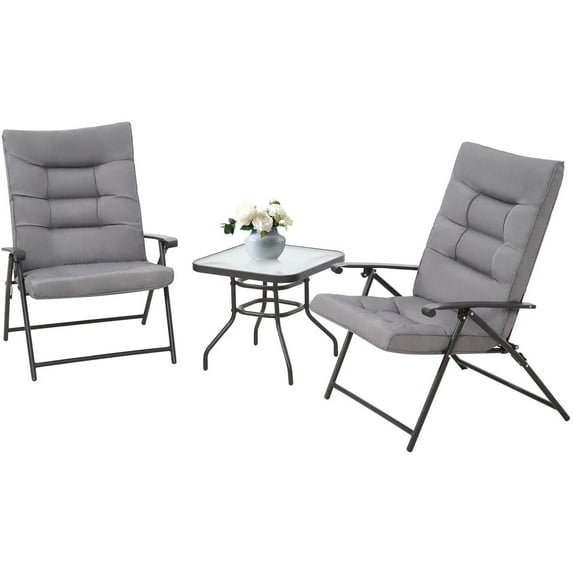 Suncrown Patio Padded Folding 3-Pieces Chair Set Adjustable Reclining Outdoor Furniture for 2 Metal Sling Chair with Coffee Table, Grey