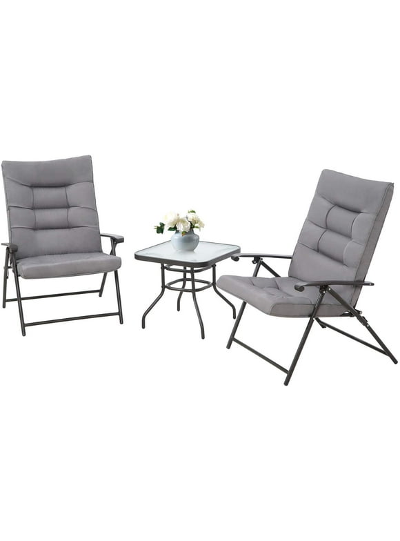 Suncrown Patio Padded Folding 3-Pieces Chair Set Adjustable Reclining Outdoor Furniture for 2 Metal Sling Chair with Coffee Table, Grey