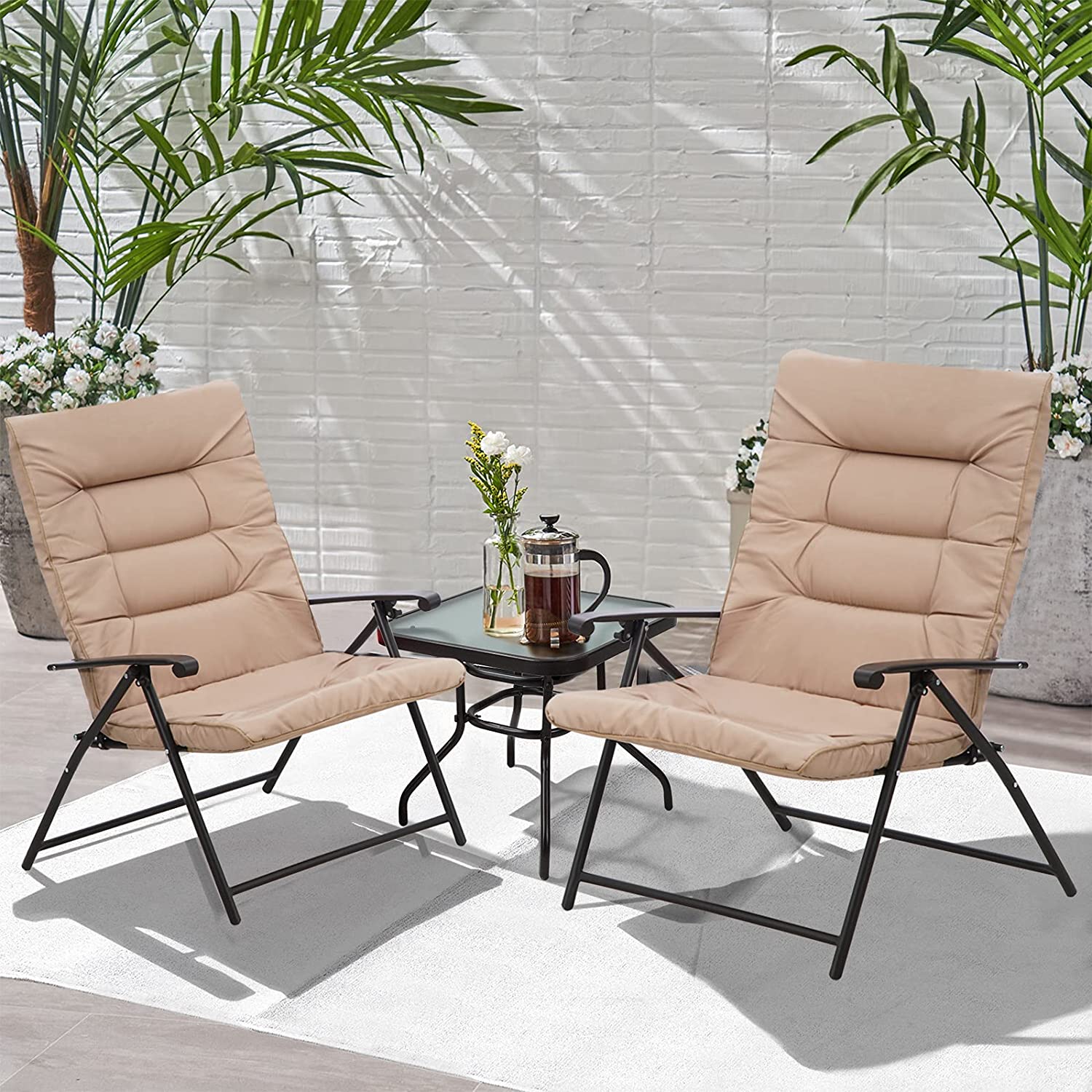 Suncrown Patio Padded Folding 3 Pieces Chair Set for 2 Adjustable Reclining Outdoor Furniture Metal Sling Chair with Coffee Table - image 1 of 6