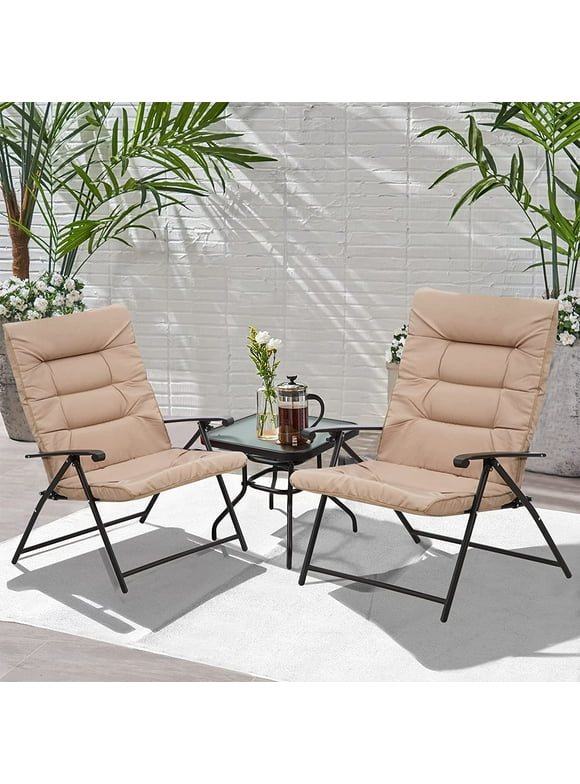 Suncrown Patio Padded Folding 3 Pieces Chair Set for 2 Adjustable Reclining Outdoor Furniture Metal Sling Chair with Coffee Table