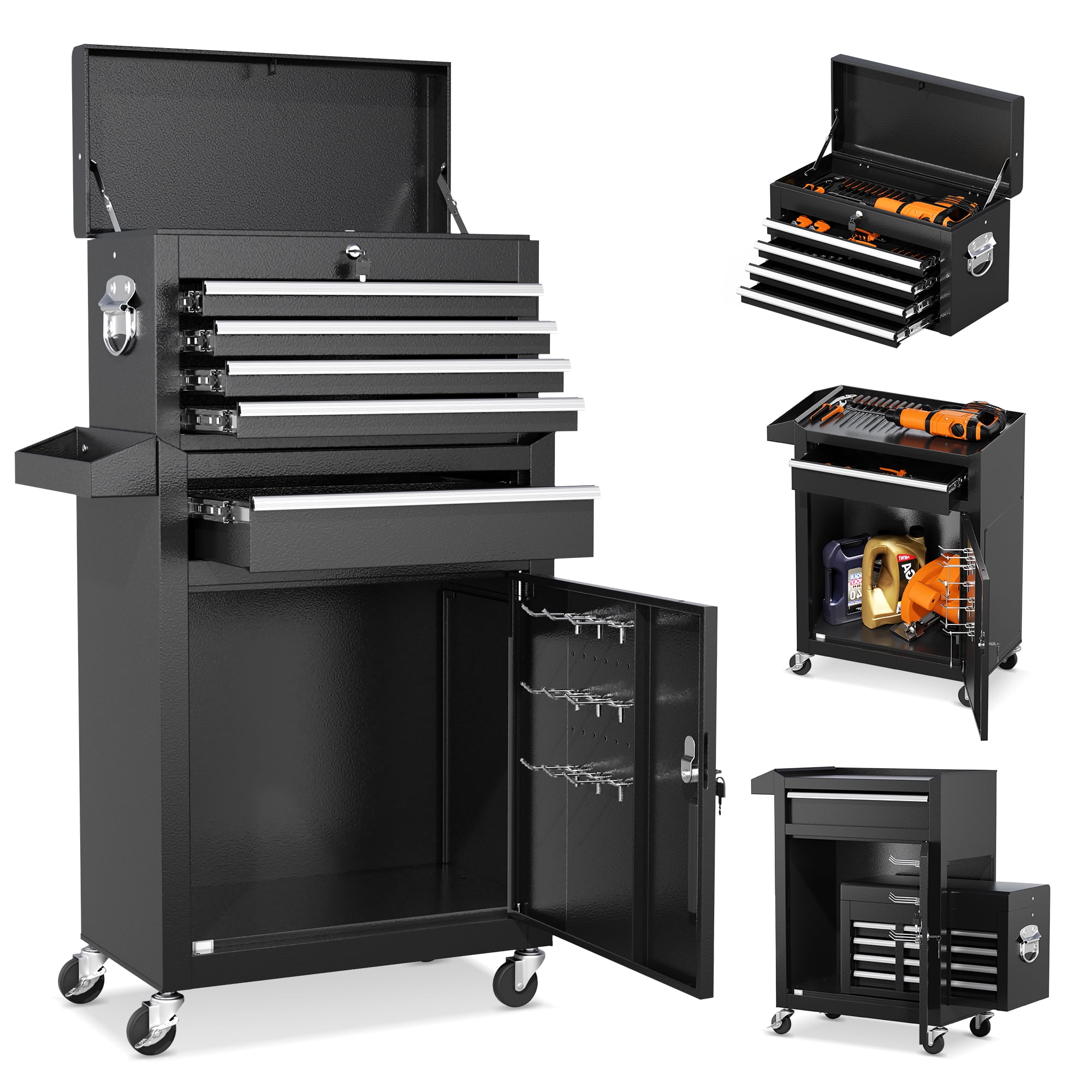 Suncrown Tool Chest 5 Drawer Rolling Tool Storage Cabinet with Universal Lockable Wheels, Metal Tool Cart for Garage, Workshop, Metal Black