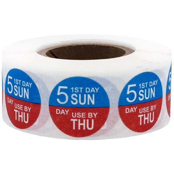Sunday Dissolvable 5 Day Food Rotation Preparation Shelf Life Circle Stickers, 0.75 Inch Round, 500 Labels on a Roll