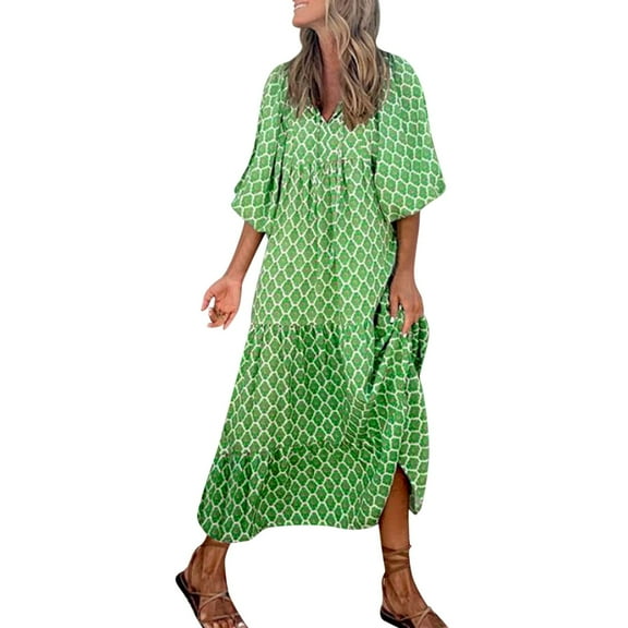 Sunday Dress for Women Young Woman Dresses Women Fashion Boho Print Half Sleeve Dress V Neck Strap Loose Splice Long Dress Holiday Dress Long Summer Dresses Summer Dress Full Figure