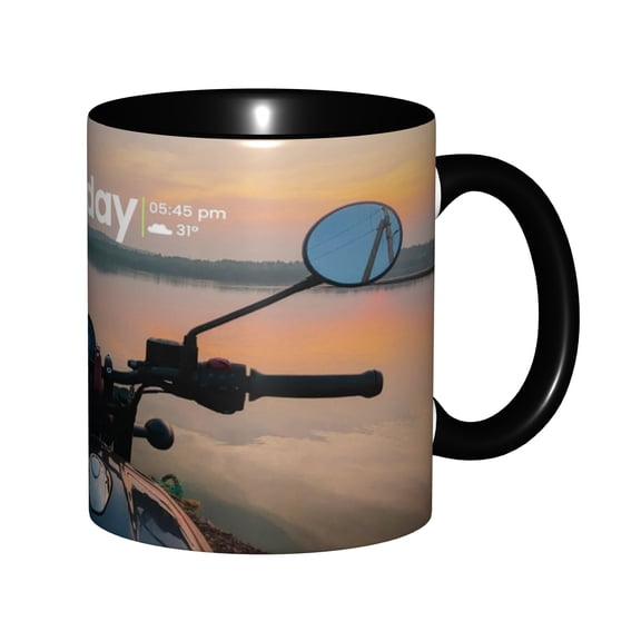 Sunday Evening Motorcycle View Calm Lake Golden Sunset Ceramic Mug 11oz, Biker First Viewpoint Water Reflection Aesthetic Photo Cup, Microwave Safe Gift for Motorcycle & Sunset Riders