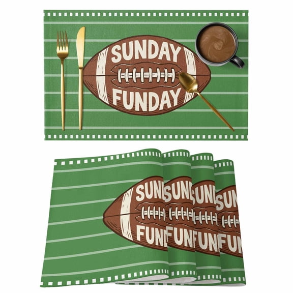 Sunday Funday Placemats Set of 4 American Rugby Football Ball Green Place Mats Indoor Wipeable Table Mats Washable Cloth Dining Table Placemats for Kitchen Holiday Party Home Decor 13x19 Inch