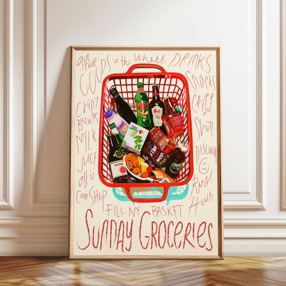 Sunday Groceries Basket Poster Retro Foodie Kitchen Poster With Red Shopping Cart , Poster Print Only