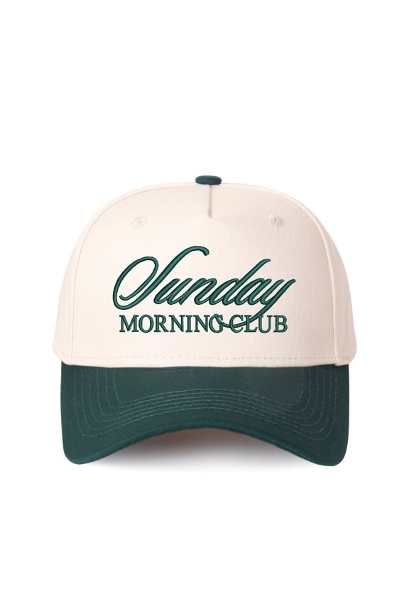 Sunday MORNING CLUB Letter Embroidered Color Block Trucker Hat Unisex Adjustable Cotton Breathable Fashion Cap for Travel Daily Wear
