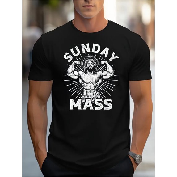 [Sunday Mass Cotton Tee] Comfortable Cotton SUNDAY MASS Printed T-Shirt - Men's Casual Round Neck Short Sleeved Fashionable Vintage Tops for Daily Wear