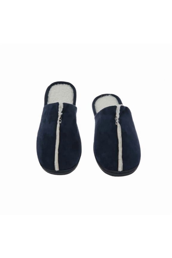 Sunday Morning Slip-On Memory Foam House Slippers, Size 7-8 ? Warm Cozy Faux Lamb Wool Fleece Lining ? Wear Resistant Microsuede ? Durable Non-Marking Rubber Sole ? Men's Slippers, Navy Blue